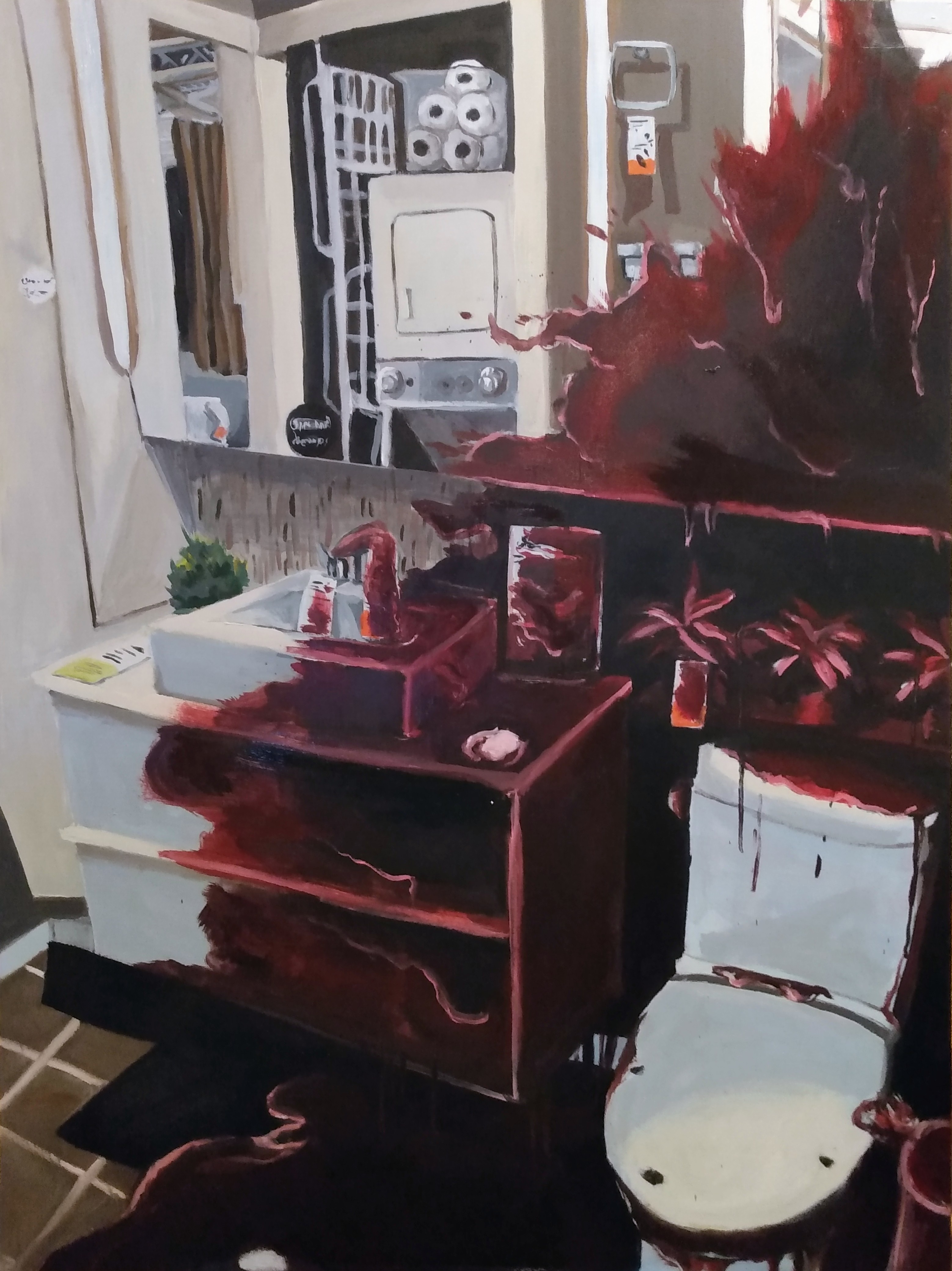 a painting in oil on canvas of an IKEA bathroom covered in blood