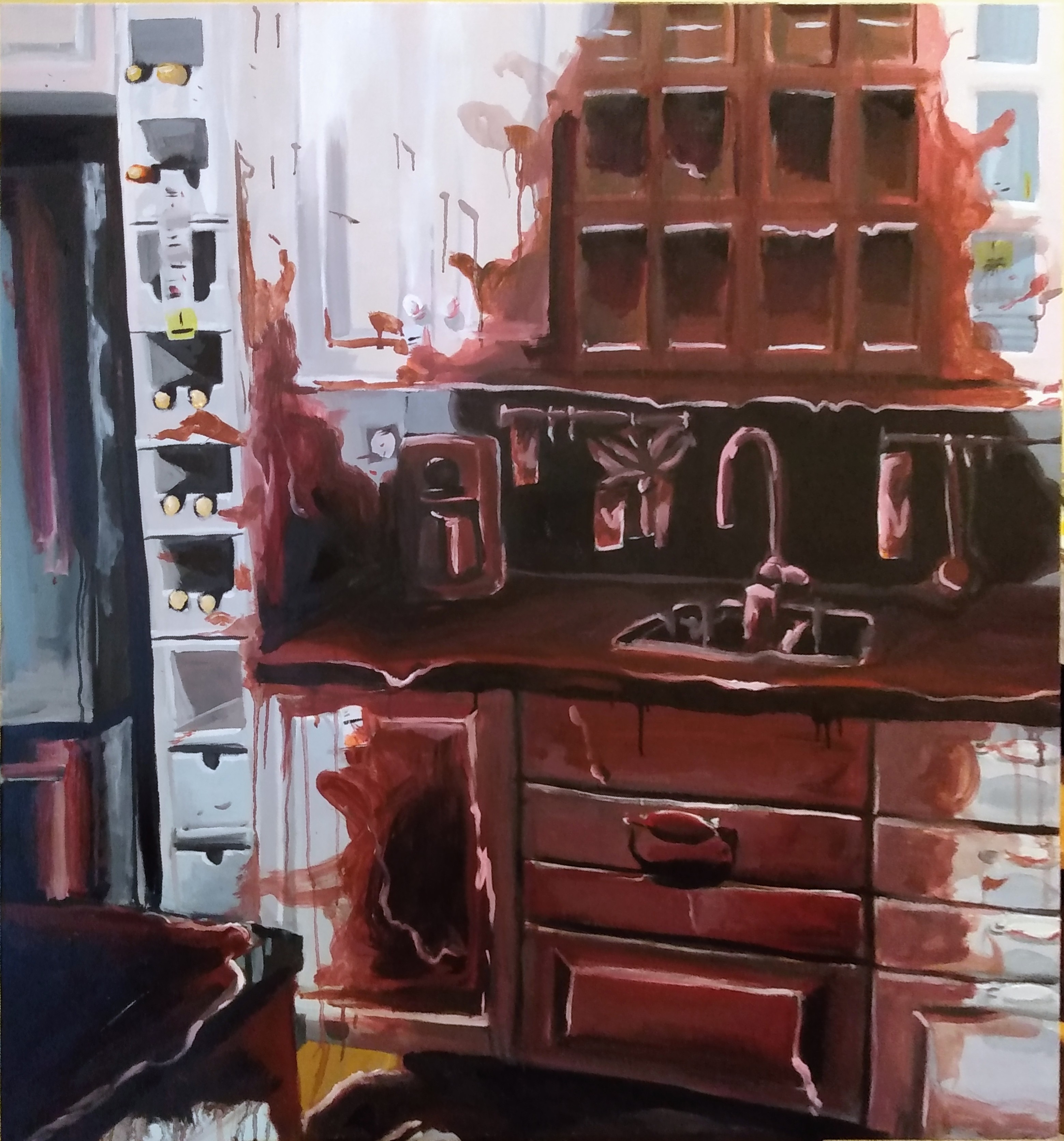 a painting in oil on canvas of an IKEA kitchen covered in blood