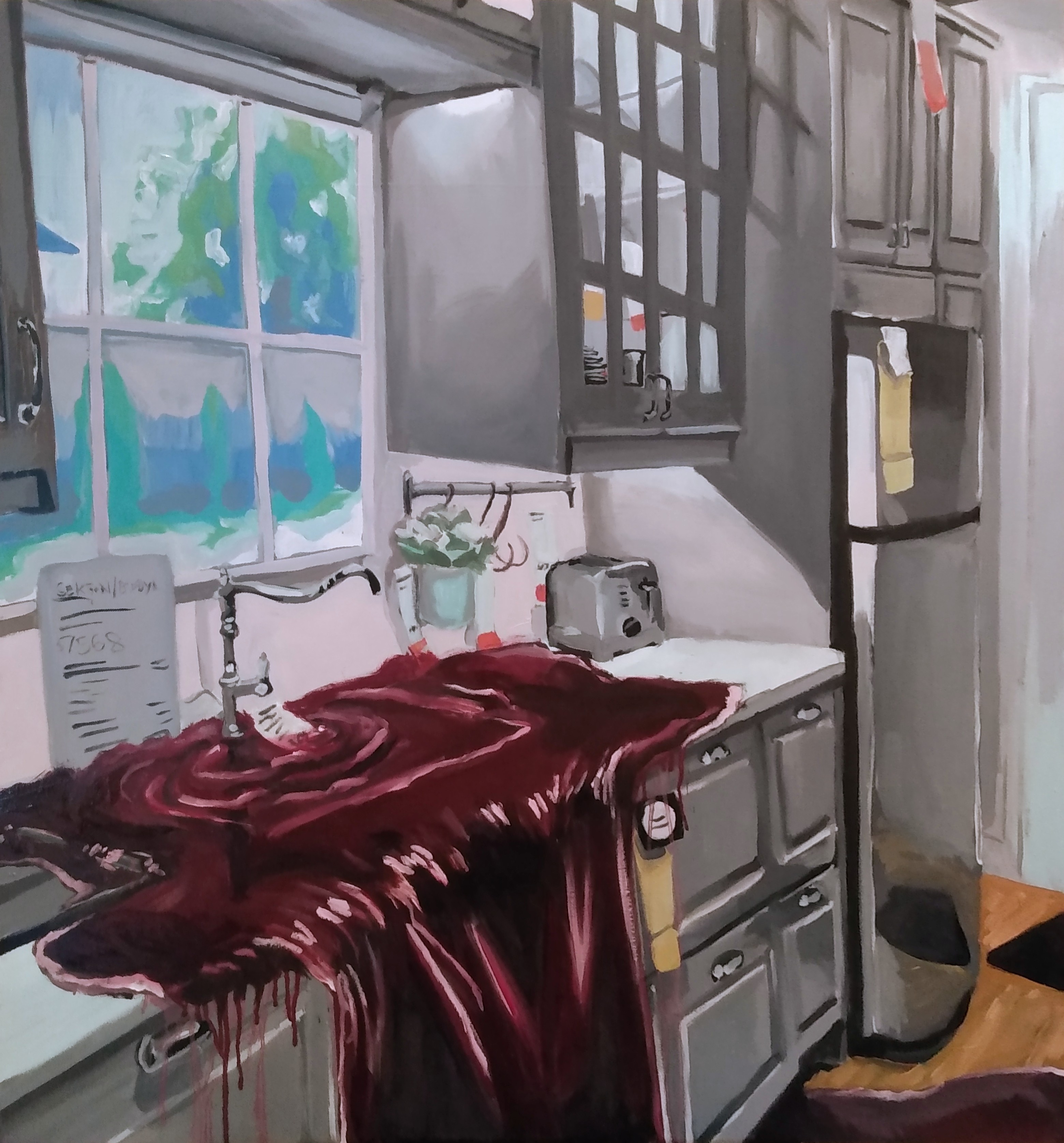 a painting in oil on canvas of an IKEA kitchen covered in blood